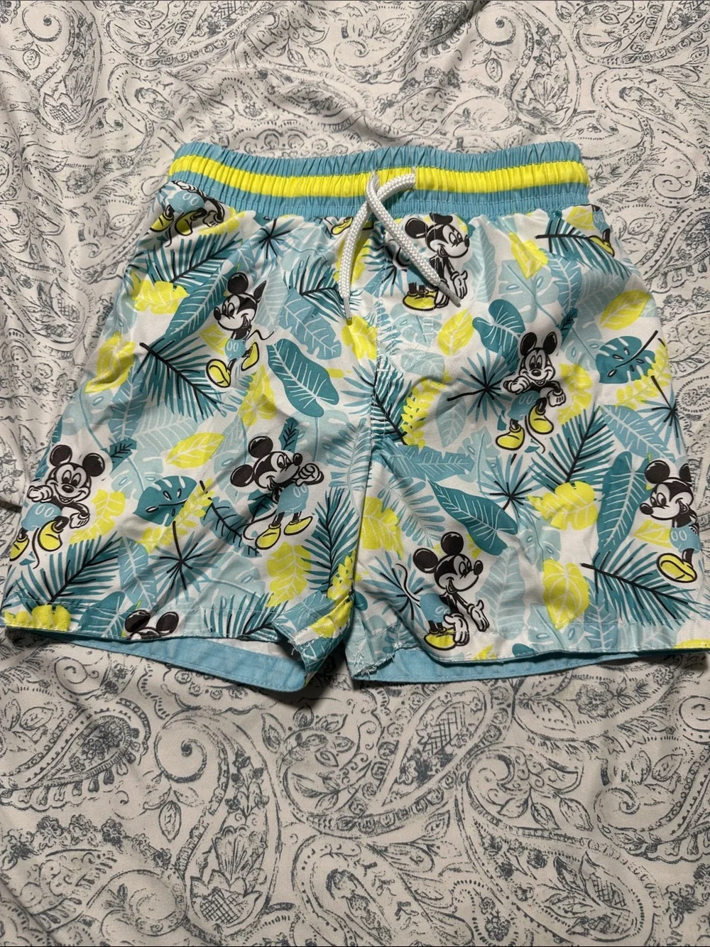 Men's Tropical Print Swim Shorts with Cartoon Motif - Light Blue/Yellow